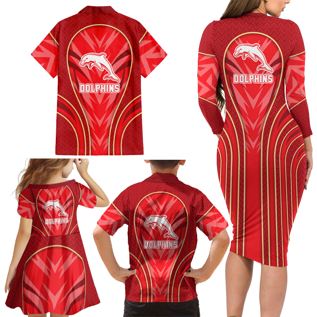 Dolphins Rugby Mascot Family Matching Long Sleeve Bodycon Dress and Hawaiian Shirt Australian Rugby Culture - Tribal Inspired Dolphin