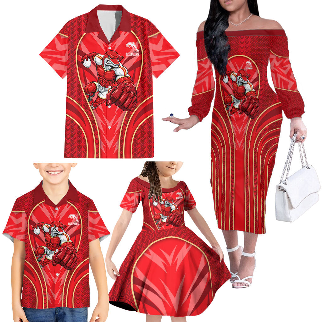 Dolphins Rugby Mascot Family Matching Off The Shoulder Long Sleeve Dress and Hawaiian Shirt Australian Rugby Culture - Tribal Inspired Dolphin