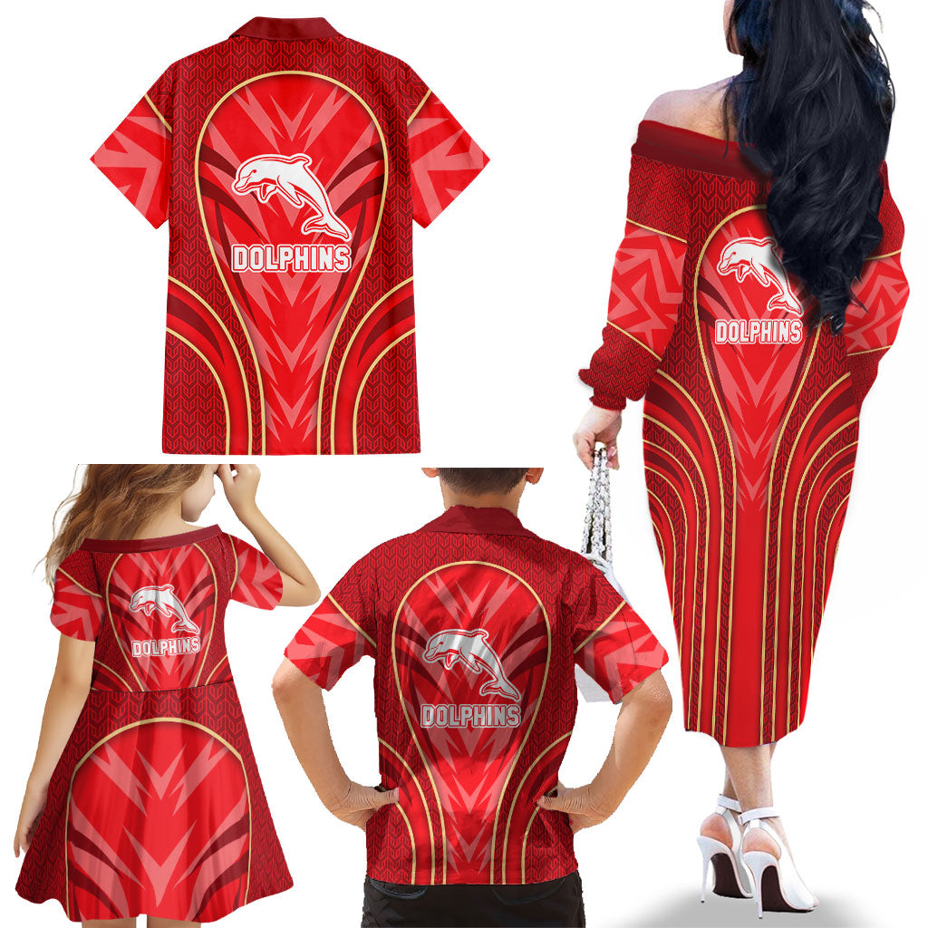 Dolphins Rugby Mascot Family Matching Off The Shoulder Long Sleeve Dress and Hawaiian Shirt Australian Rugby Culture - Tribal Inspired Dolphin