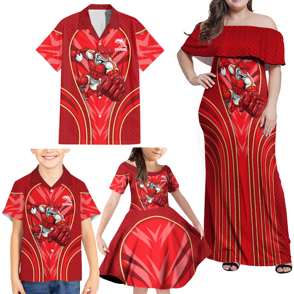 Dolphins Rugby Mascot Family Matching Off Shoulder Maxi Dress and Hawaiian Shirt Australian Rugby Culture - Tribal Inspired Dolphin