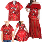 Dolphins Rugby Mascot Family Matching Off Shoulder Maxi Dress and Hawaiian Shirt Australian Rugby Culture - Tribal Inspired Dolphin