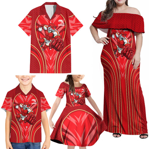 Dolphins Rugby Mascot Family Matching Off Shoulder Maxi Dress and Hawaiian Shirt Australian Rugby Culture - Tribal Inspired Dolphin