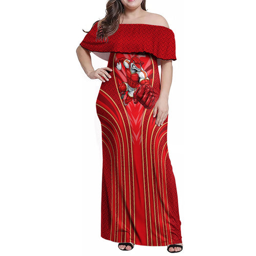 Dolphins Rugby Mascot Family Matching Off Shoulder Maxi Dress and Hawaiian Shirt Australian Rugby Culture - Tribal Inspired Dolphin