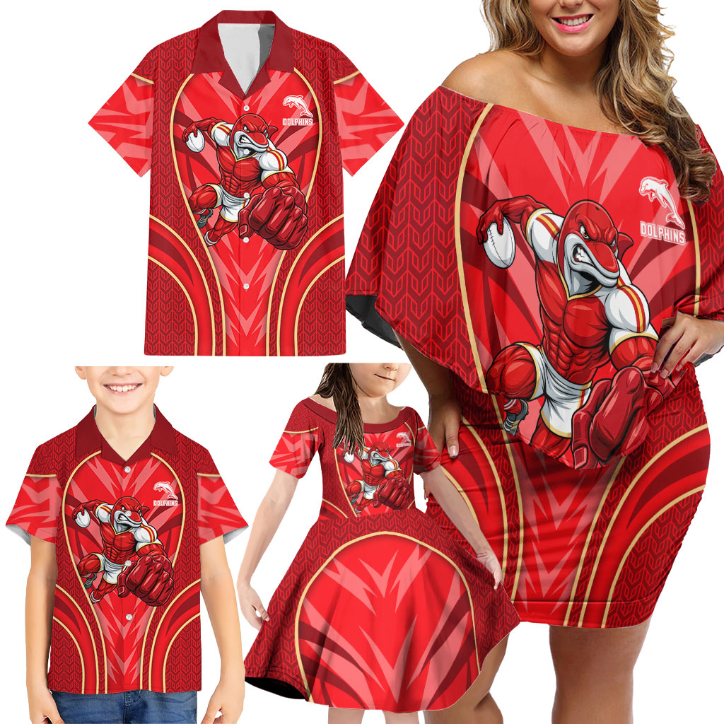 Dolphins Rugby Mascot Family Matching Off Shoulder Short Dress and Hawaiian Shirt Australian Rugby Culture - Tribal Inspired Dolphin