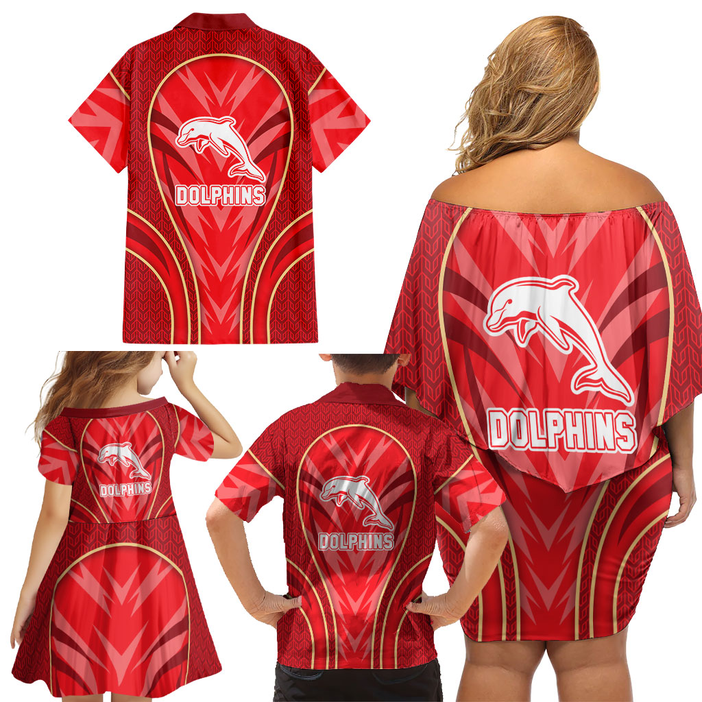 Dolphins Rugby Mascot Family Matching Off Shoulder Short Dress and Hawaiian Shirt Australian Rugby Culture - Tribal Inspired Dolphin
