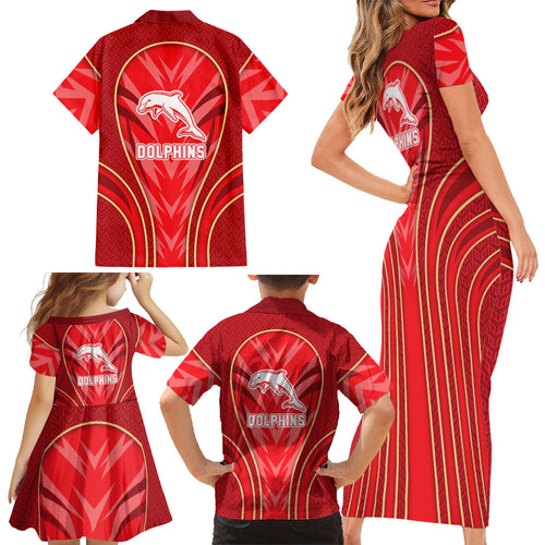 Dolphins Rugby Mascot Family Matching Short Sleeve Bodycon Dress and Hawaiian Shirt Australian Rugby Culture - Tribal Inspired Dolphin