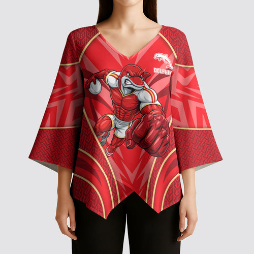 Dolphins Rugby Mascot Kimono Sleeve Blouse Australian Rugby Culture - Tribal Inspired Dolphin