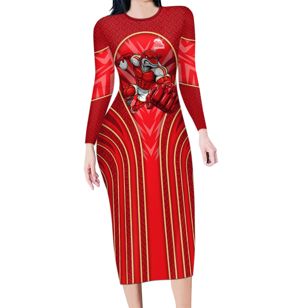Dolphins Rugby Mascot Long Sleeve Bodycon Dress Australian Rugby Culture - Tribal Inspired Dolphin