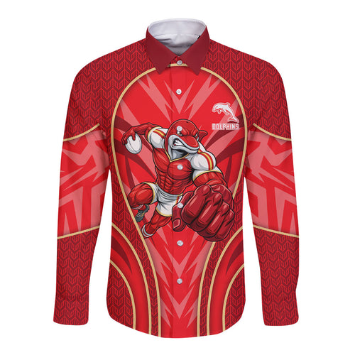Dolphins Rugby Mascot Long Sleeve Button Shirt Australian Rugby Culture - Tribal Inspired Dolphin