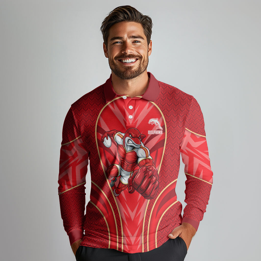 Dolphins Rugby Mascot Long Sleeve Polo Shirt Australian Rugby Culture - Tribal Inspired Dolphin