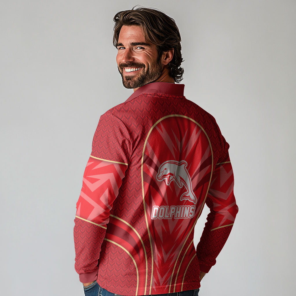 Dolphins Rugby Mascot Long Sleeve Polo Shirt Australian Rugby Culture - Tribal Inspired Dolphin
