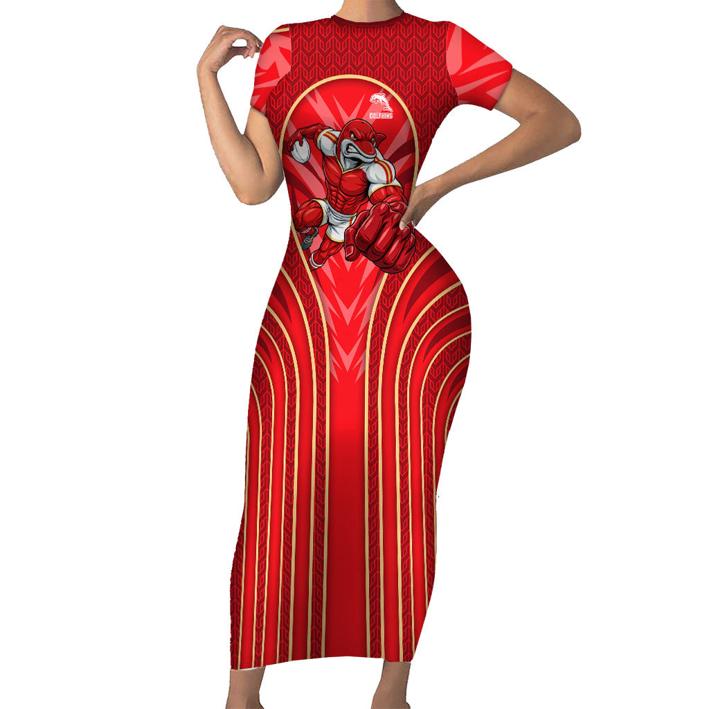 Dolphins Rugby Mascot Short Sleeve Bodycon Dress Australian Rugby Culture - Tribal Inspired Dolphin