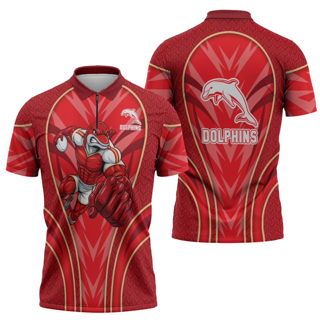 Dolphins Rugby Mascot Zipper Polo Shirt Australian Rugby Culture - Tribal Inspired Dolphin