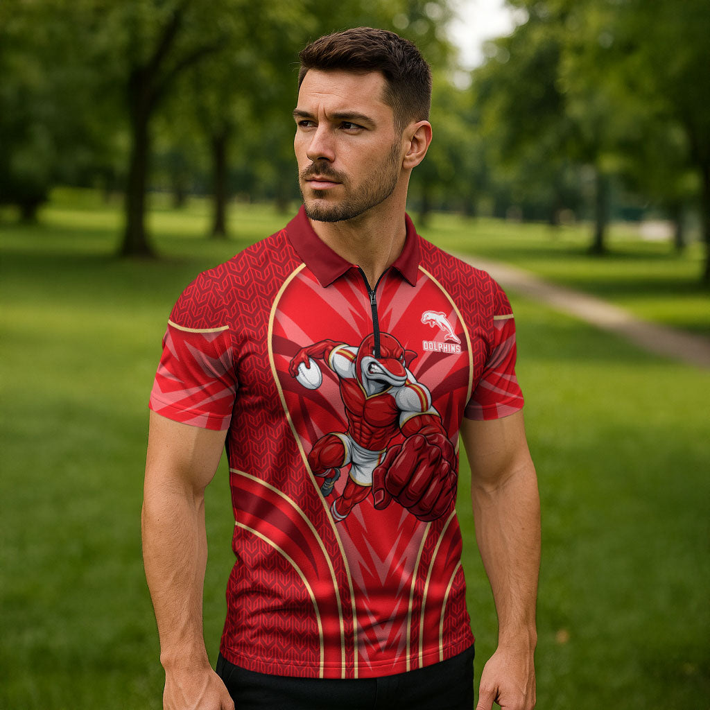 Dolphins Rugby Mascot Zipper Polo Shirt Australian Rugby Culture - Tribal Inspired Dolphin