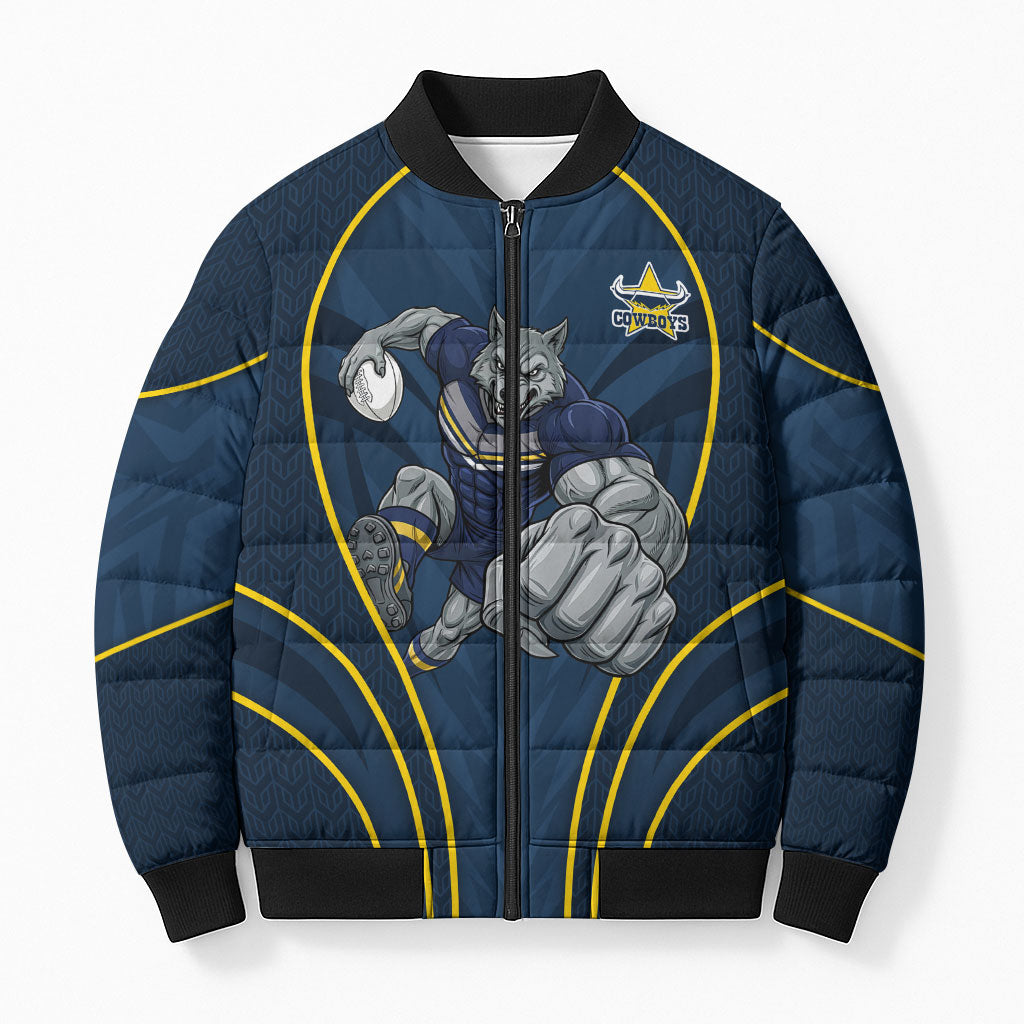 North Queensland Cowboys Rugby Mascot Bomber Puffer Jacket Australian Rugby Culture - Tribal Inspired Wolf