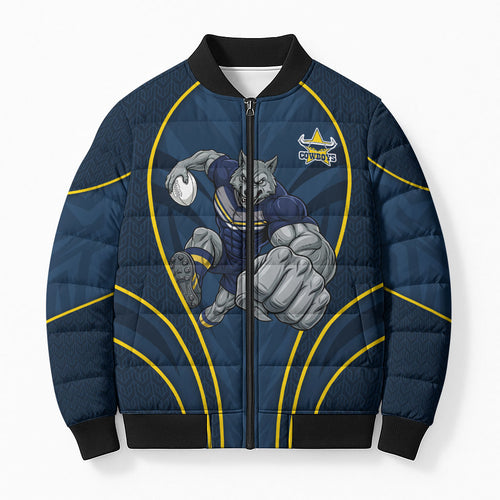 North Queensland Cowboys Rugby Mascot Bomber Puffer Jacket Australian Rugby Culture - Tribal Inspired Wolf