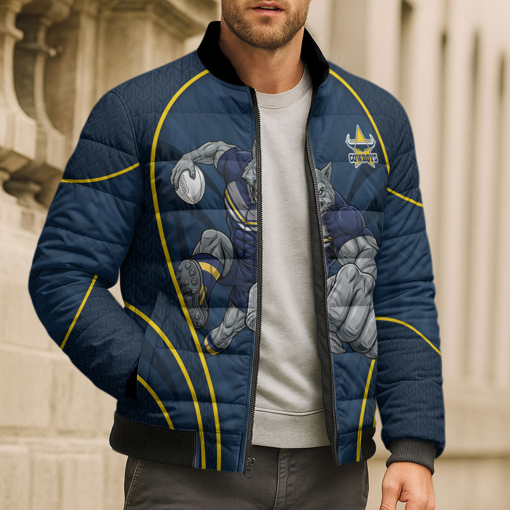 North Queensland Cowboys Rugby Mascot Bomber Puffer Jacket Australian Rugby Culture - Tribal Inspired Wolf