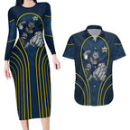 North Queensland Cowboys Rugby Mascot Couples Matching Long Sleeve Bodycon Dress and Hawaiian Shirt Australian Rugby Culture - Tribal Inspired Wolf