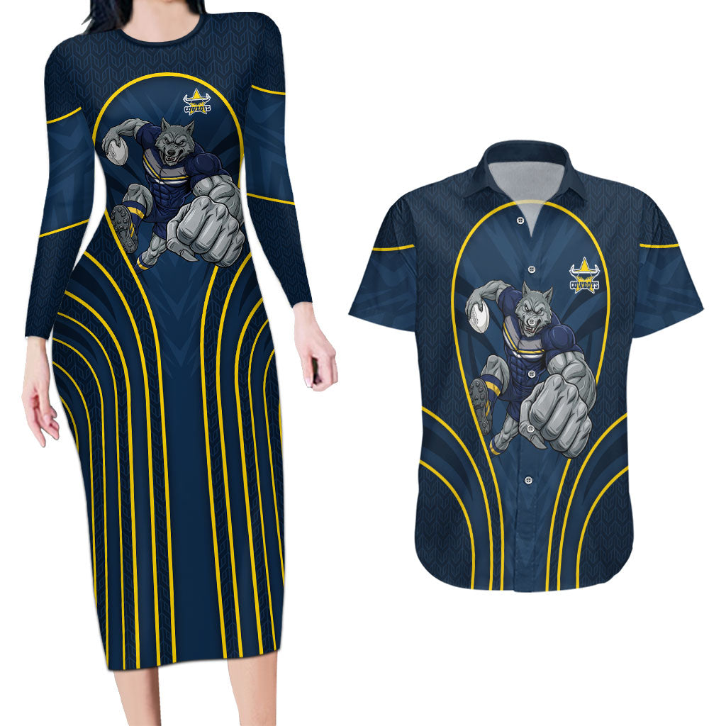North Queensland Cowboys Rugby Mascot Couples Matching Long Sleeve Bodycon Dress and Hawaiian Shirt Australian Rugby Culture - Tribal Inspired Wolf