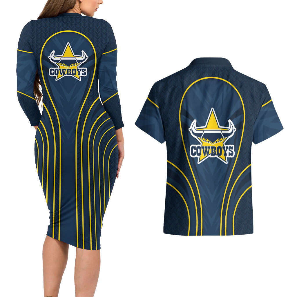 North Queensland Cowboys Rugby Mascot Couples Matching Long Sleeve Bodycon Dress and Hawaiian Shirt Australian Rugby Culture - Tribal Inspired Wolf