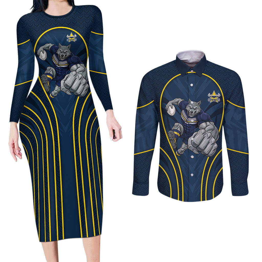 North Queensland Cowboys Rugby Mascot Couples Matching Long Sleeve Bodycon Dress and Long Sleeve Button Shirt Australian Rugby Culture - Tribal Inspired Wolf