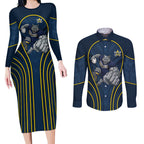 North Queensland Cowboys Rugby Mascot Couples Matching Long Sleeve Bodycon Dress and Long Sleeve Button Shirt Australian Rugby Culture - Tribal Inspired Wolf