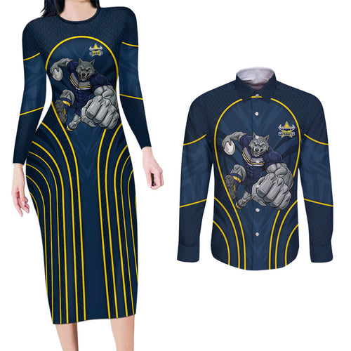 North Queensland Cowboys Rugby Mascot Couples Matching Long Sleeve Bodycon Dress and Long Sleeve Button Shirt Australian Rugby Culture - Tribal Inspired Wolf