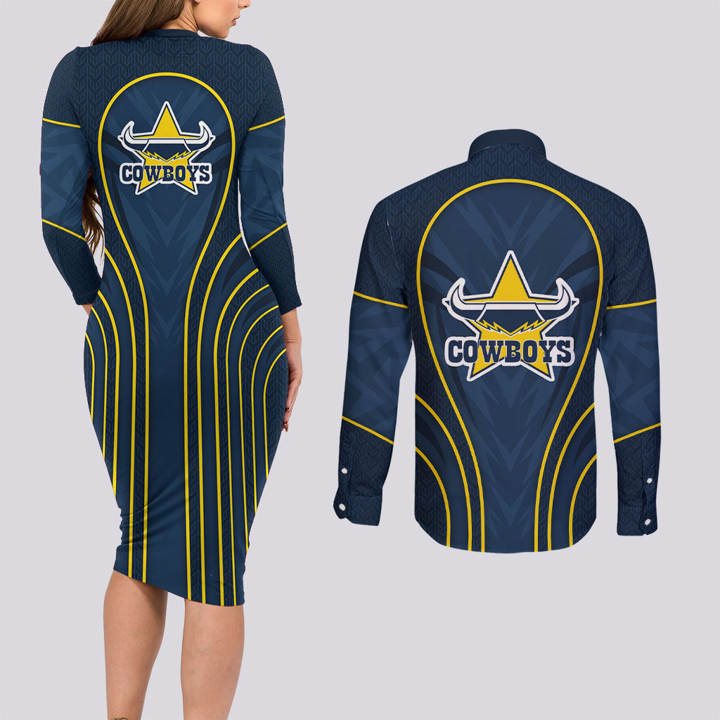 North Queensland Cowboys Rugby Mascot Couples Matching Long Sleeve Bodycon Dress and Long Sleeve Button Shirt Australian Rugby Culture - Tribal Inspired Wolf