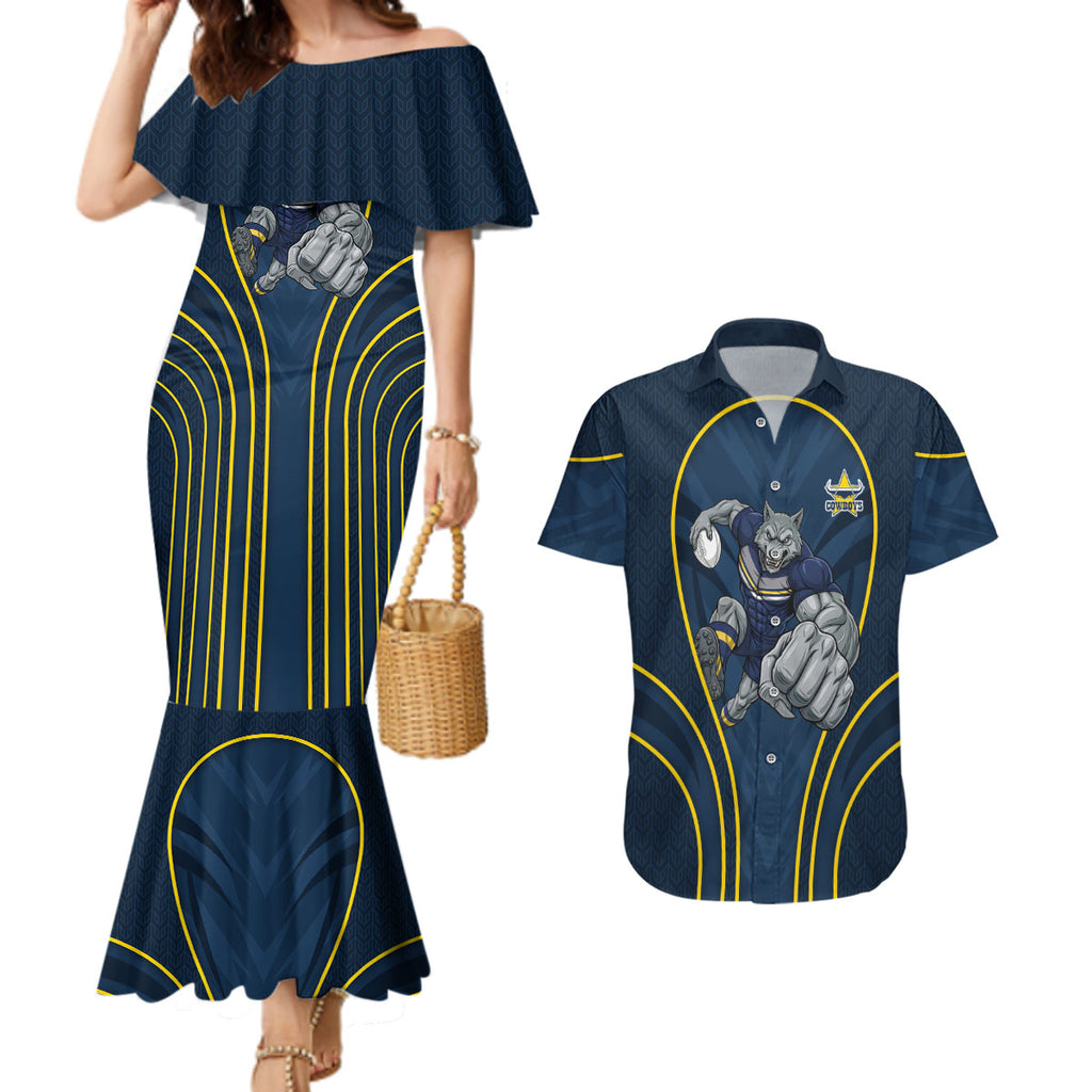 North Queensland Cowboys Rugby Mascot Couples Matching Mermaid Dress and Hawaiian Shirt Australian Rugby Culture - Tribal Inspired Wolf