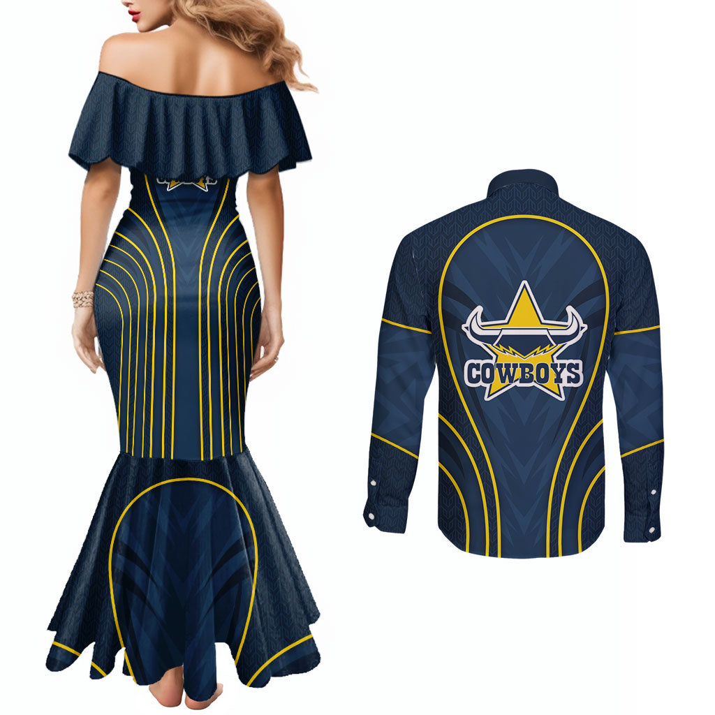 North Queensland Cowboys Rugby Mascot Couples Matching Mermaid Dress and Long Sleeve Button Shirt Australian Rugby Culture - Tribal Inspired Wolf