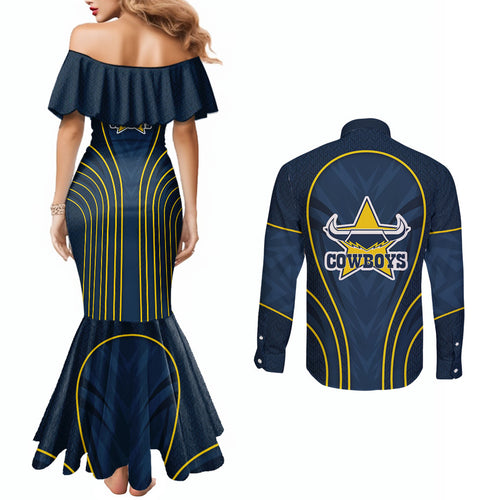 North Queensland Cowboys Rugby Mascot Couples Matching Mermaid Dress and Long Sleeve Button Shirt Australian Rugby Culture - Tribal Inspired Wolf