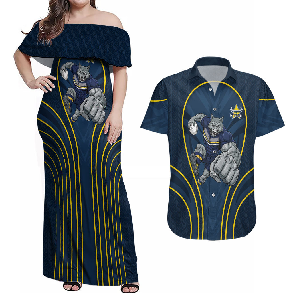 North Queensland Cowboys Rugby Mascot Couples Matching Off Shoulder Maxi Dress and Hawaiian Shirt Australian Rugby Culture - Tribal Inspired Wolf