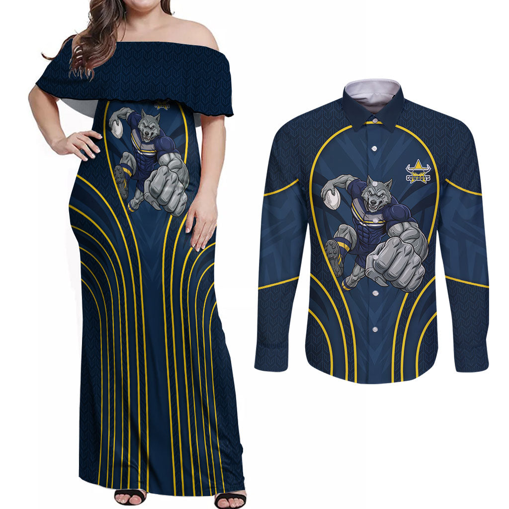 North Queensland Cowboys Rugby Mascot Couples Matching Off Shoulder Maxi Dress and Long Sleeve Button Shirt Australian Rugby Culture - Tribal Inspired Wolf