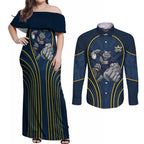 North Queensland Cowboys Rugby Mascot Couples Matching Off Shoulder Maxi Dress and Long Sleeve Button Shirt Australian Rugby Culture - Tribal Inspired Wolf