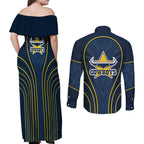 North Queensland Cowboys Rugby Mascot Couples Matching Off Shoulder Maxi Dress and Long Sleeve Button Shirt Australian Rugby Culture - Tribal Inspired Wolf