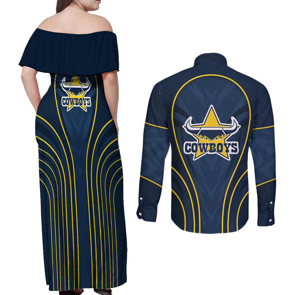 North Queensland Cowboys Rugby Mascot Couples Matching Off Shoulder Maxi Dress and Long Sleeve Button Shirt Australian Rugby Culture - Tribal Inspired Wolf