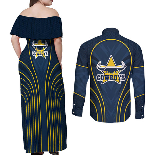 North Queensland Cowboys Rugby Mascot Couples Matching Off Shoulder Maxi Dress and Long Sleeve Button Shirt Australian Rugby Culture - Tribal Inspired Wolf