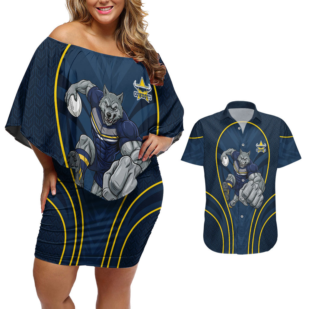 North Queensland Cowboys Rugby Mascot Couples Matching Off Shoulder Short Dress and Hawaiian Shirt Australian Rugby Culture - Tribal Inspired Wolf