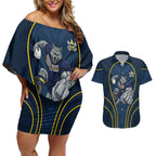 North Queensland Cowboys Rugby Mascot Couples Matching Off Shoulder Short Dress and Hawaiian Shirt Australian Rugby Culture - Tribal Inspired Wolf