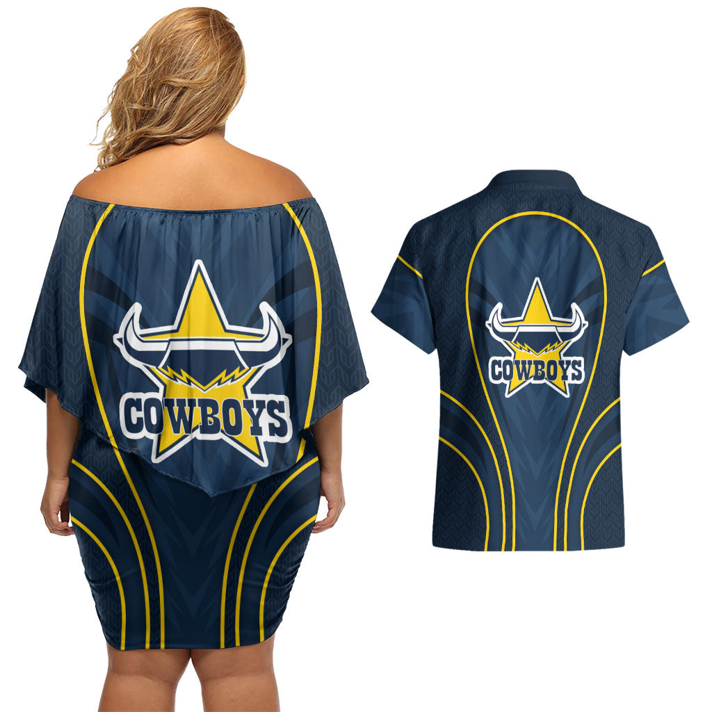 North Queensland Cowboys Rugby Mascot Couples Matching Off Shoulder Short Dress and Hawaiian Shirt Australian Rugby Culture - Tribal Inspired Wolf