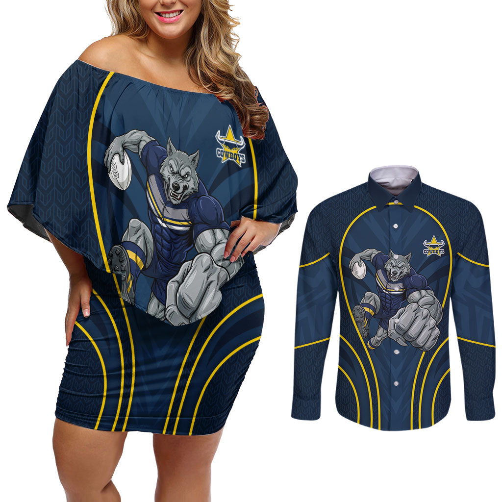 North Queensland Cowboys Rugby Mascot Couples Matching Off Shoulder Short Dress and Long Sleeve Button Shirt Australian Rugby Culture - Tribal Inspired Wolf