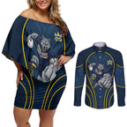North Queensland Cowboys Rugby Mascot Couples Matching Off Shoulder Short Dress and Long Sleeve Button Shirt Australian Rugby Culture - Tribal Inspired Wolf