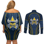 North Queensland Cowboys Rugby Mascot Couples Matching Off Shoulder Short Dress and Long Sleeve Button Shirt Australian Rugby Culture - Tribal Inspired Wolf