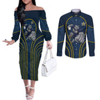 North Queensland Cowboys Rugby Mascot Couples Matching Off The Shoulder Long Sleeve Dress and Long Sleeve Button Shirt Australian Rugby Culture - Tribal Inspired Wolf