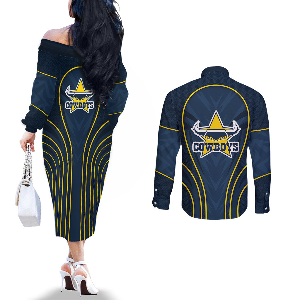 North Queensland Cowboys Rugby Mascot Couples Matching Off The Shoulder Long Sleeve Dress and Long Sleeve Button Shirt Australian Rugby Culture - Tribal Inspired Wolf