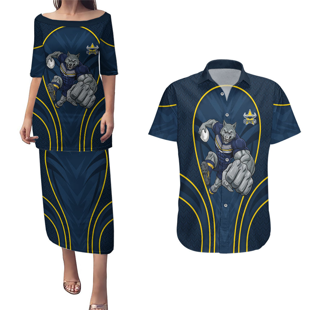 North Queensland Cowboys Rugby Mascot Couples Matching Puletasi and Hawaiian Shirt Australian Rugby Culture - Tribal Inspired Wolf