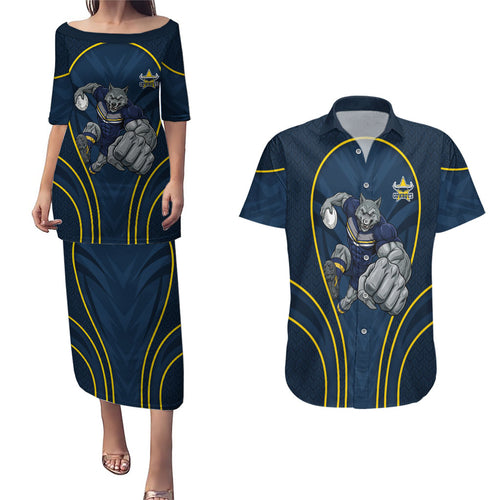 North Queensland Cowboys Rugby Mascot Couples Matching Puletasi and Hawaiian Shirt Australian Rugby Culture - Tribal Inspired Wolf