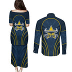 North Queensland Cowboys Rugby Mascot Couples Matching Puletasi and Long Sleeve Button Shirt Australian Rugby Culture - Tribal Inspired Wolf