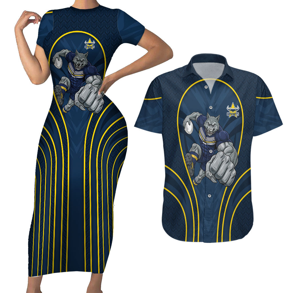 North Queensland Cowboys Rugby Mascot Couples Matching Short Sleeve Bodycon Dress and Hawaiian Shirt Australian Rugby Culture - Tribal Inspired Wolf