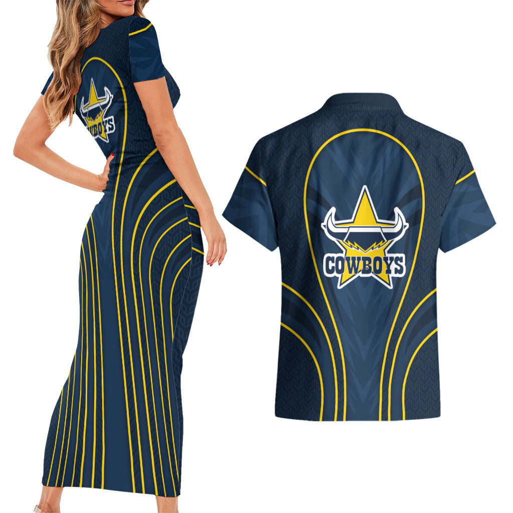 North Queensland Cowboys Rugby Mascot Couples Matching Short Sleeve Bodycon Dress and Hawaiian Shirt Australian Rugby Culture - Tribal Inspired Wolf
